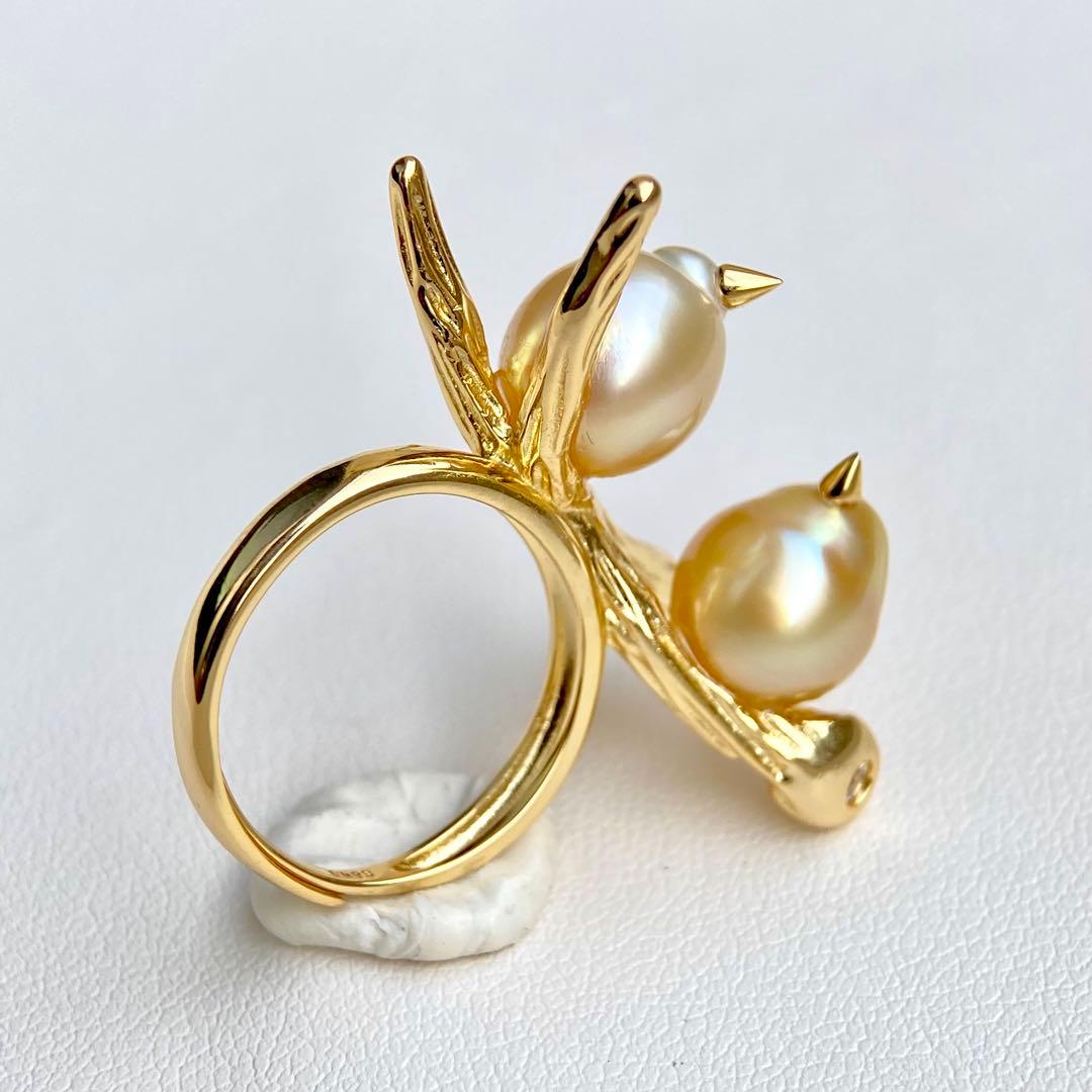 本真珠南洋白蝶真珠ゴールドと茶金「鳥と枝」s925リングY1055