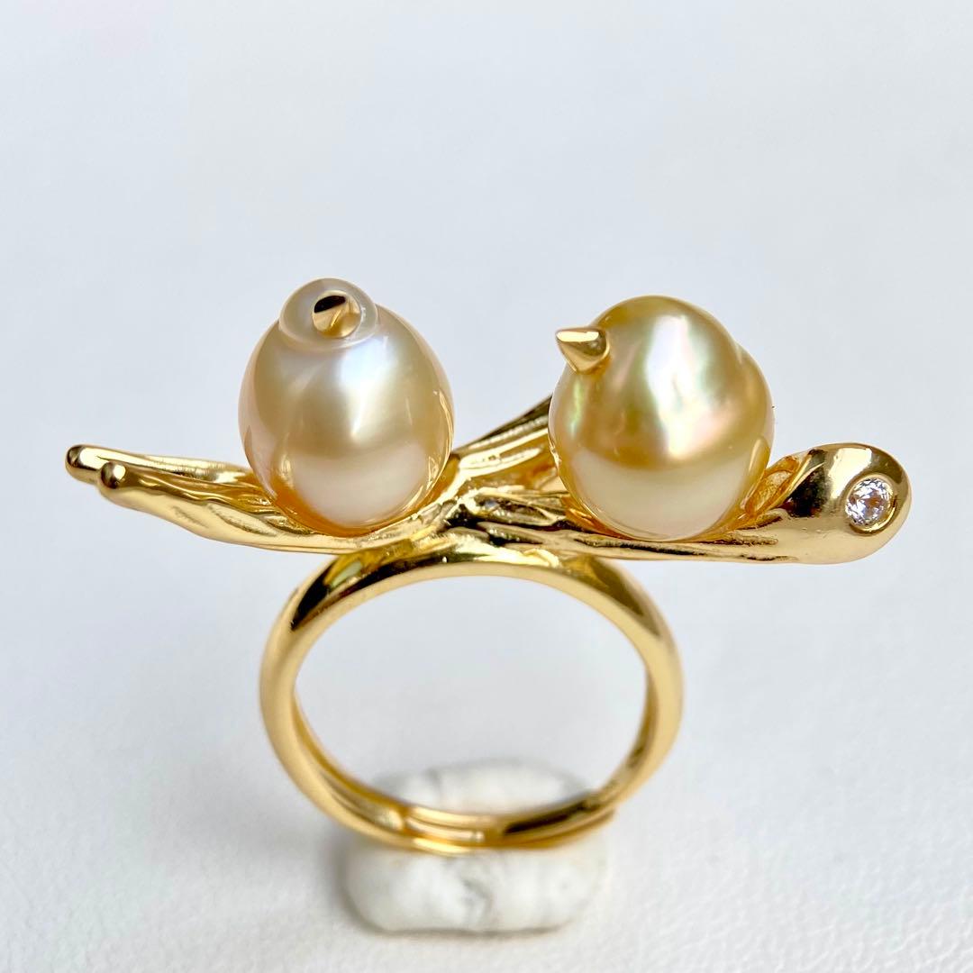 本真珠南洋白蝶真珠ゴールドと茶金「鳥と枝」s925リングY1055