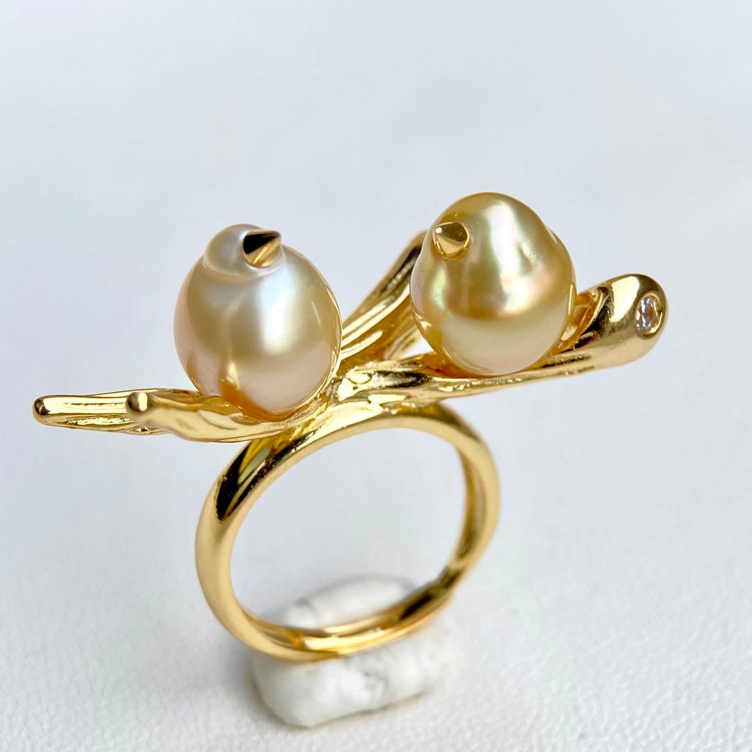 本真珠南洋白蝶真珠ゴールドと茶金「鳥と枝」s925リングY1055