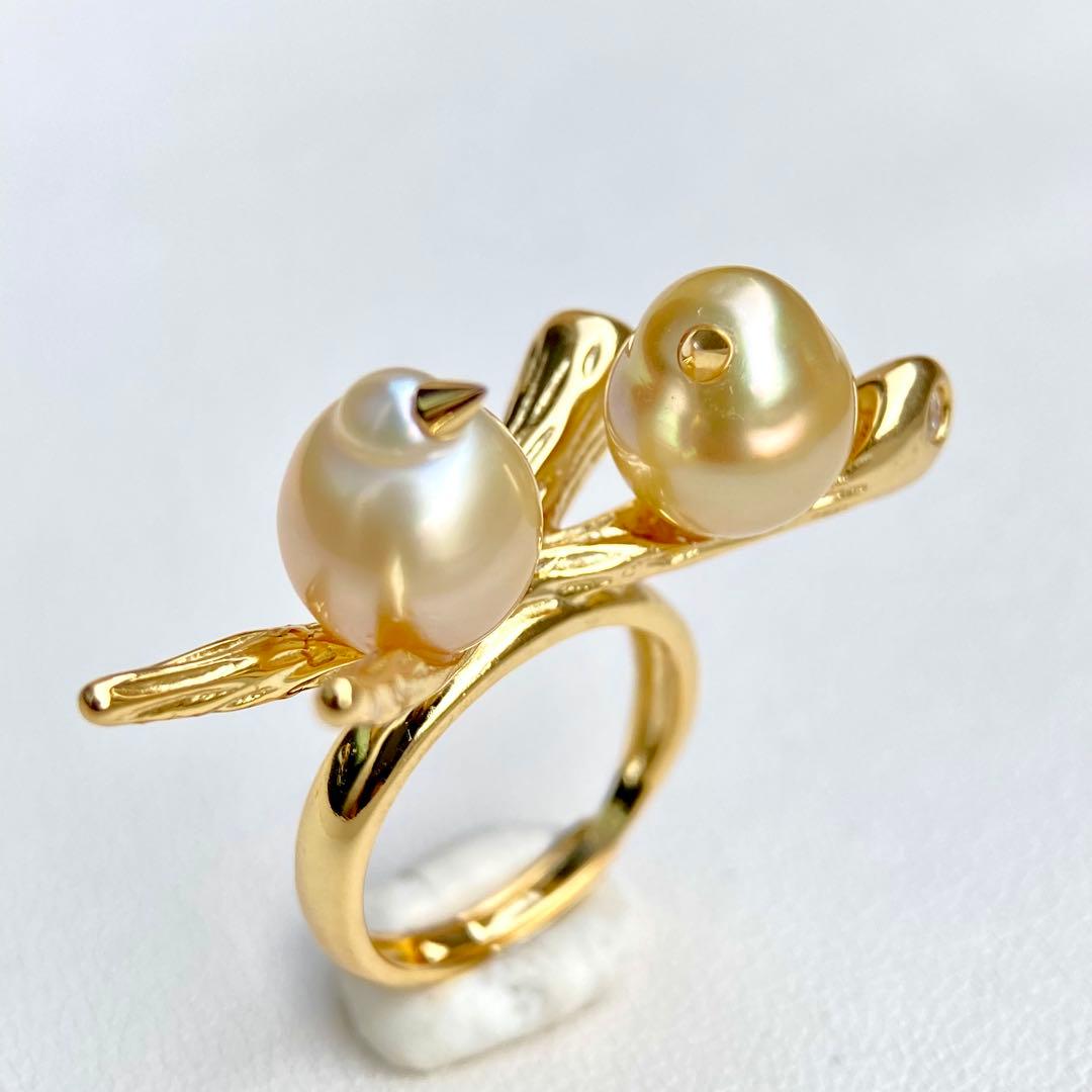 本真珠南洋白蝶真珠ゴールドと茶金「鳥と枝」s925リングY1055