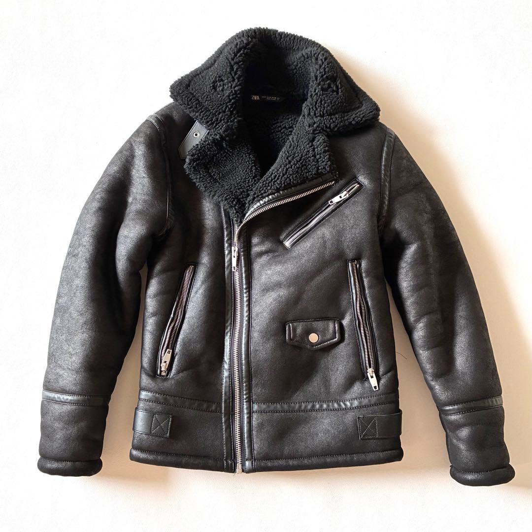 ZARA　ザラフェイクムートン　ダブルライダース　ボアジャケット　ブラック