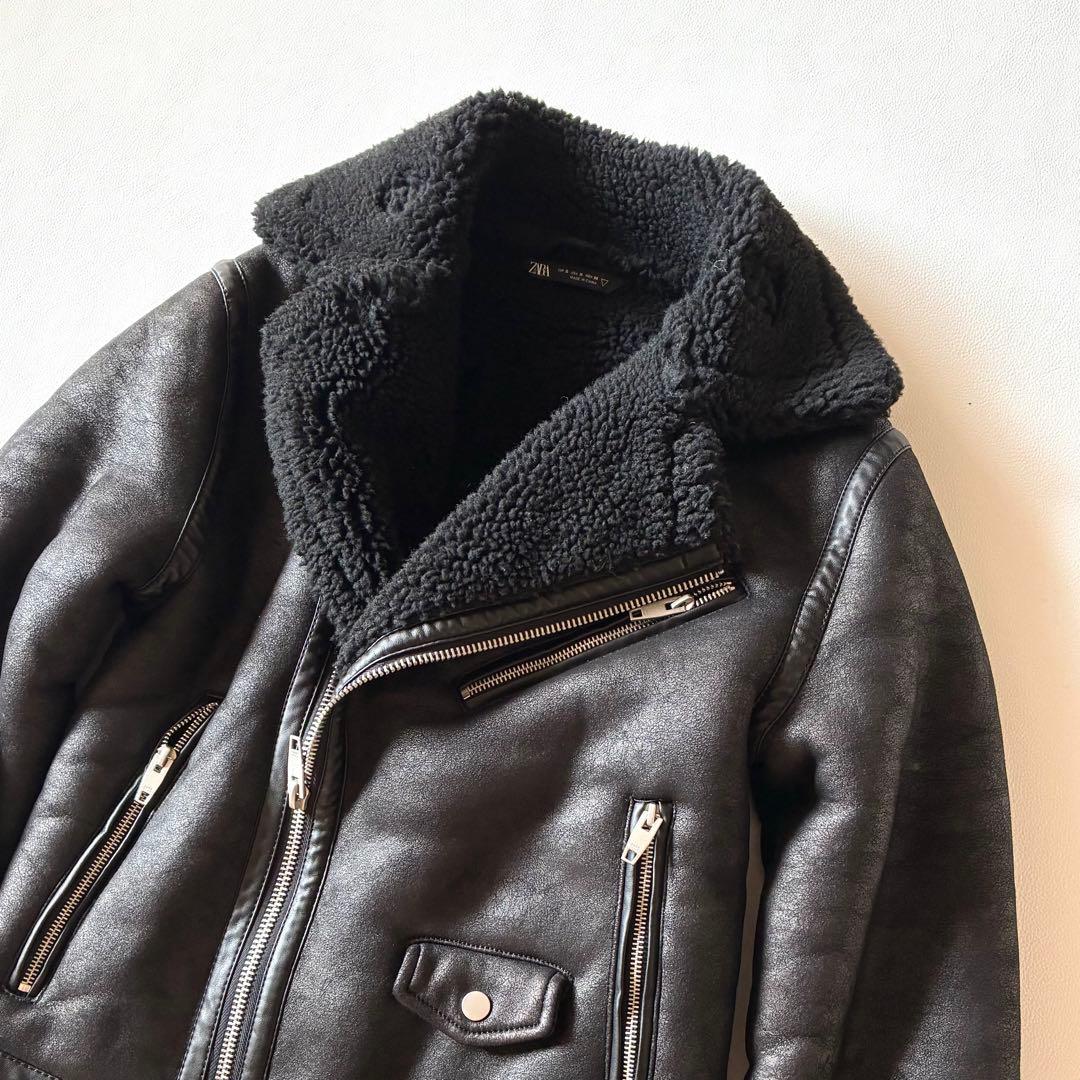 ZARA　ザラフェイクムートン　ダブルライダース　ボアジャケット　ブラック