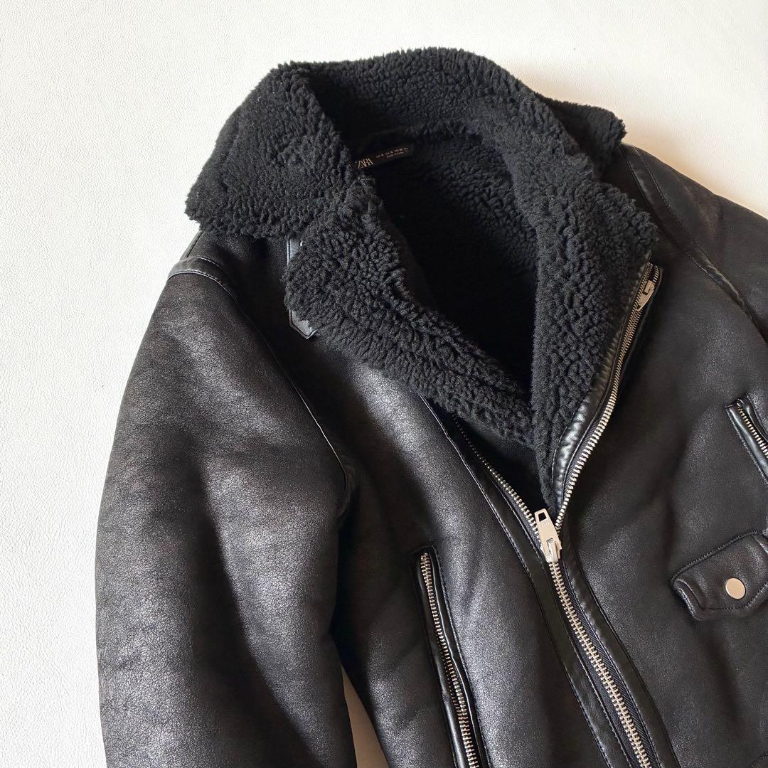ZARA　ザラフェイクムートン　ダブルライダース　ボアジャケット　ブラック