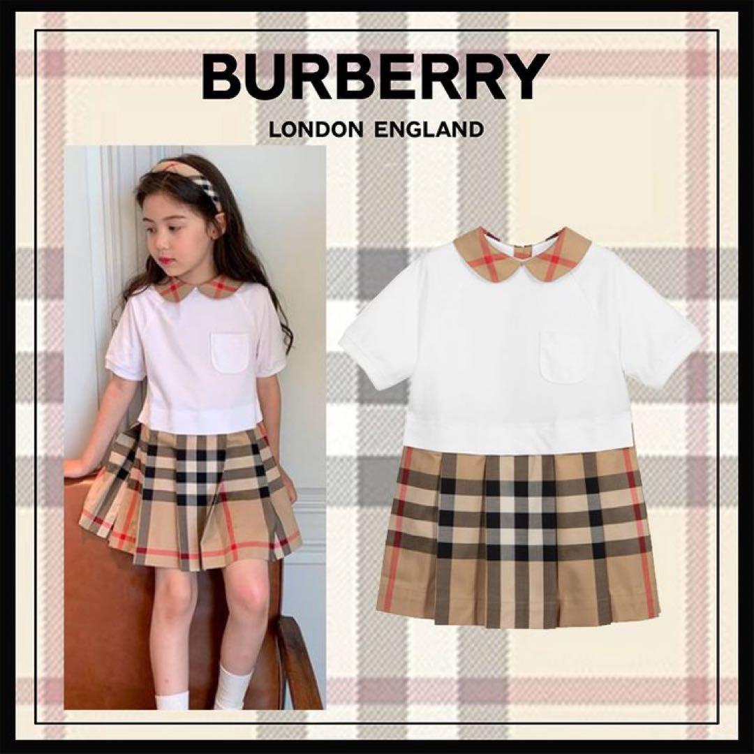 未使用　バーバリー　襟付き　ドッキングワンピース　チェックスカート　半袖　18m