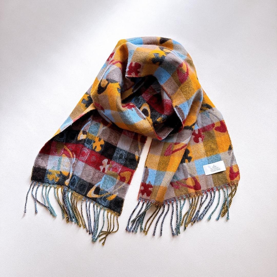 美品 ヴィヴィアンウエストウッド マフラー ウール　オーブ チェック 日本製