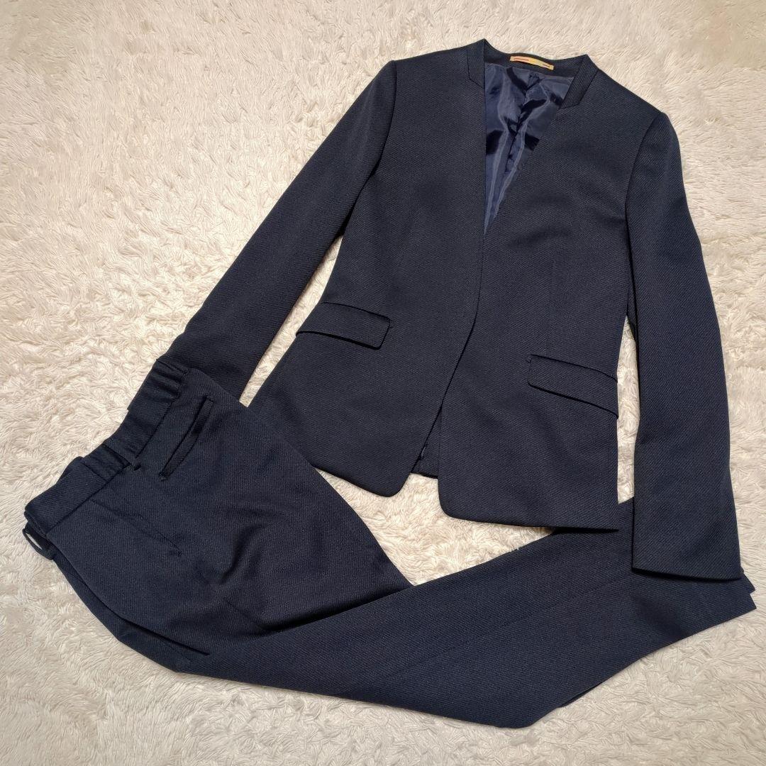 極美品！ORIHICA　ノーカラーパンツスーツセットアップ　M/L　濃紺　洗える