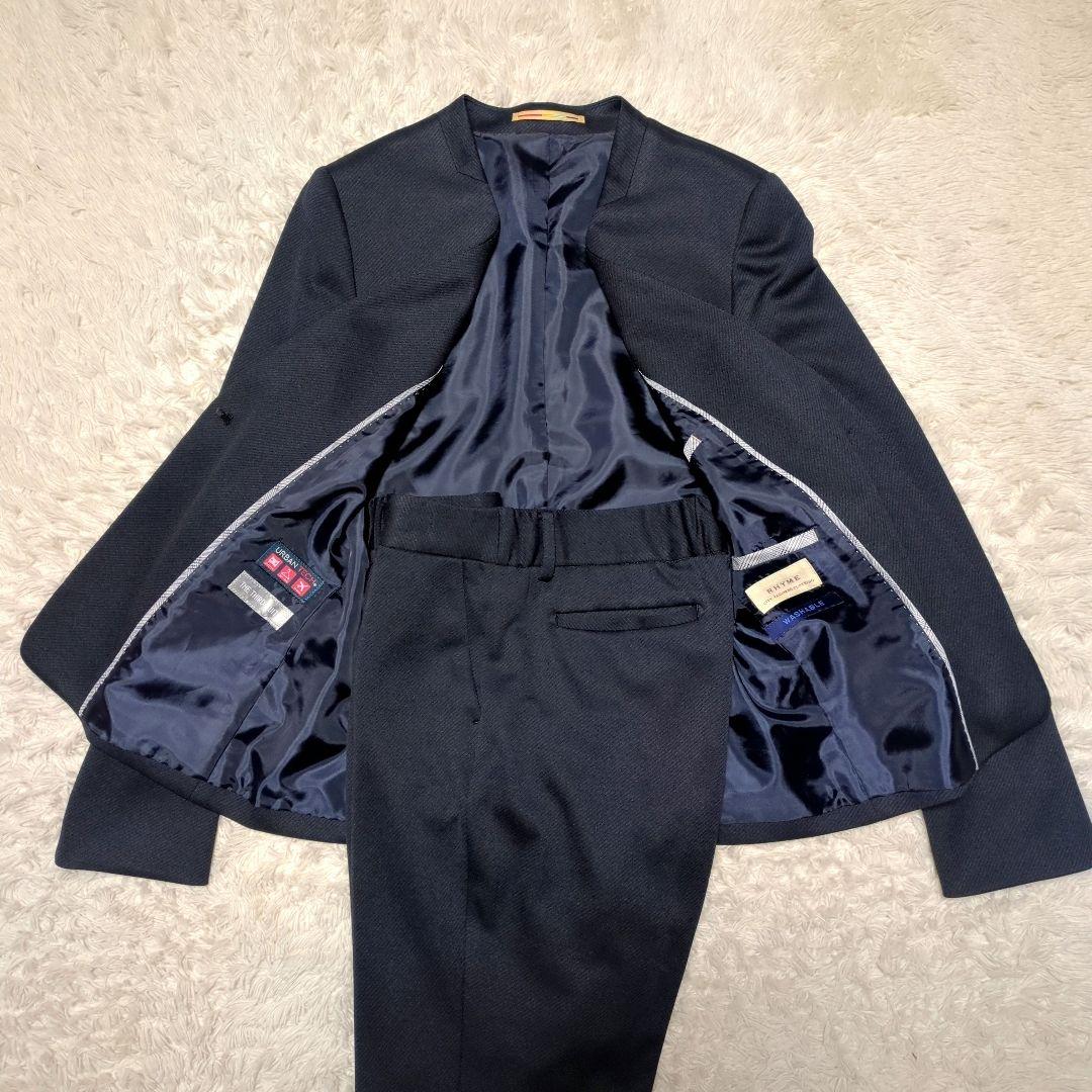 極美品！ORIHICA　ノーカラーパンツスーツセットアップ　M/L　濃紺　洗える