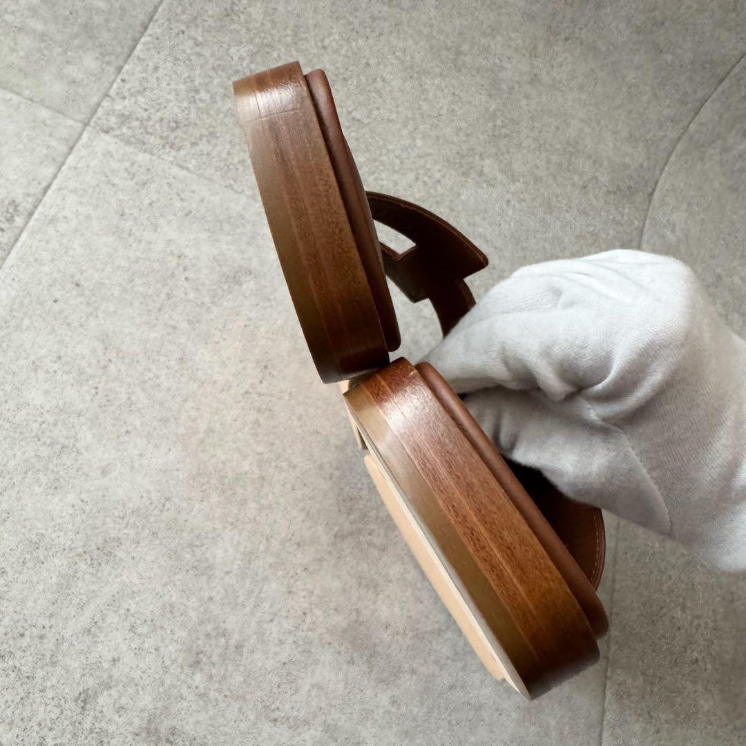 エルメス　オラン　サンダル　ロゴ　 ブラウン　茶色　34　レザー　極美品