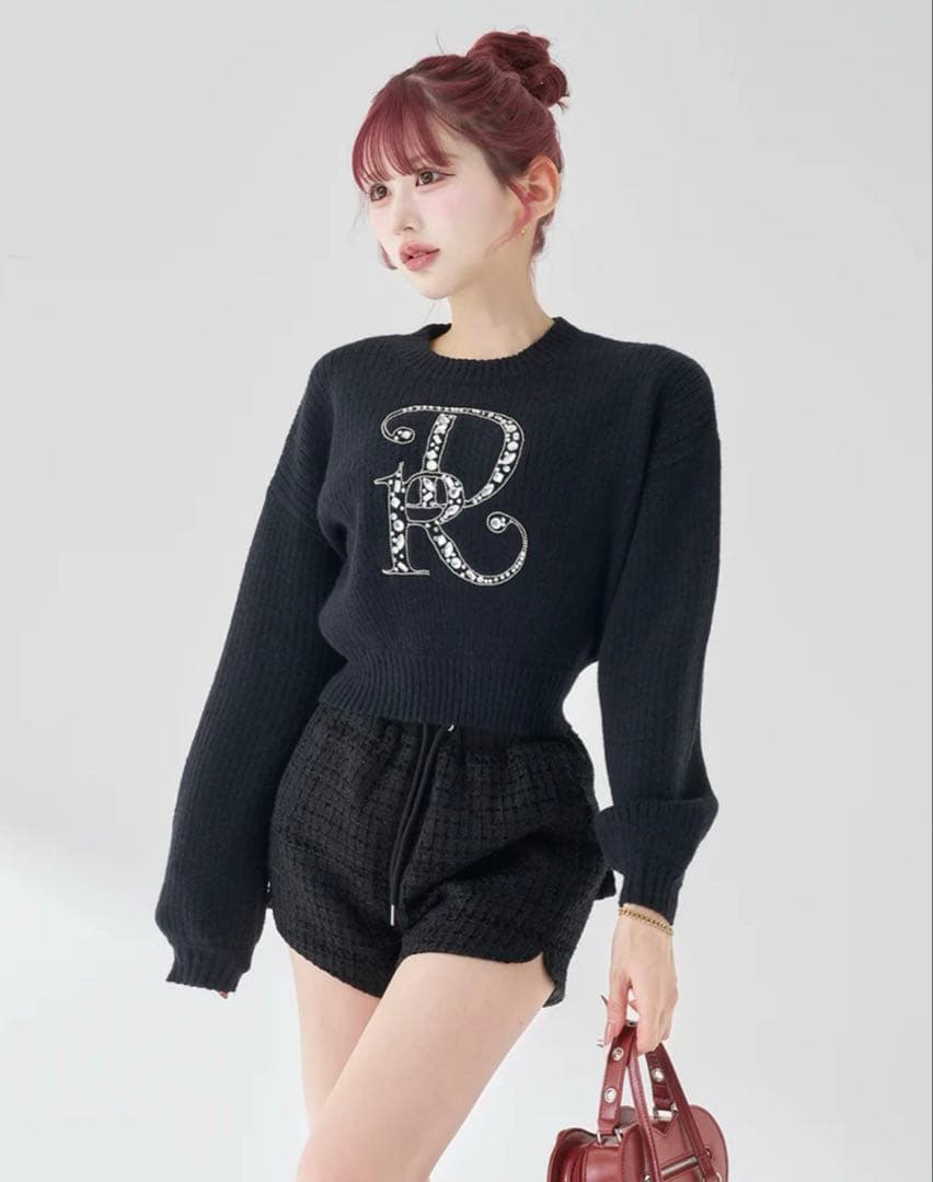 ダーリッチ　Darich DRビジューボリュームリブニットトップス　BLK