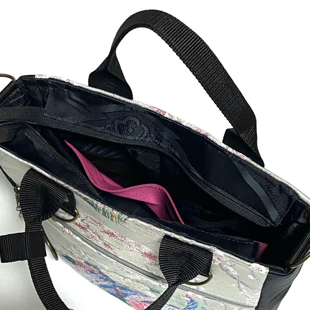 390 帯リメイク　孔雀の縦型リュック　3wayバッグ