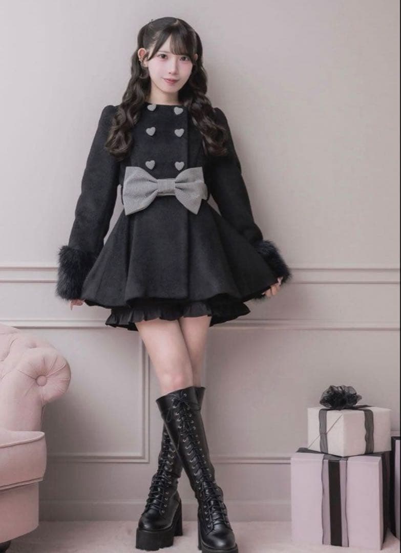 pium ハートボタンリボンベルトシャギーコート ブラック