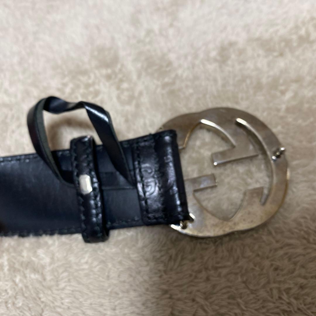 GUCCI インターロッキング シルバー バックル ベルト 黒 レザー