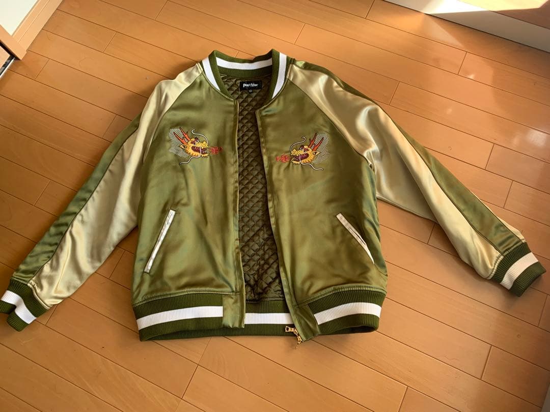 Peace and After オリーブ サテン スカジャン ドラゴン刺繍