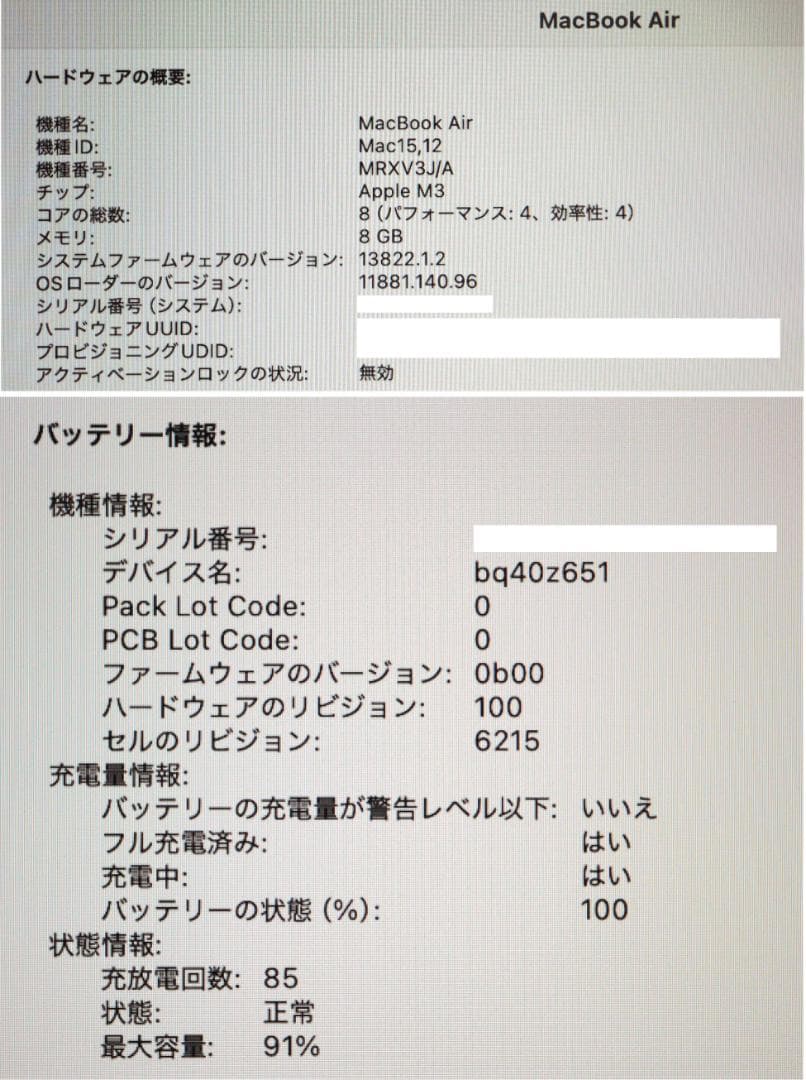 Apple Mac Book Air M3チップ 2024 256GB 電池良好