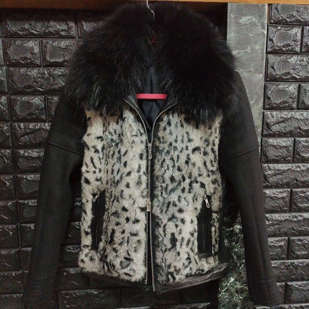 よ　美品５３５１プールオム 羊革×ラビットファージャケットラクーンファーＭ