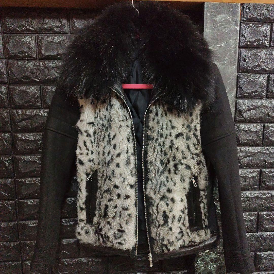 よ　美品５３５１プールオム 羊革×ラビットファージャケットラクーンファーＭ
