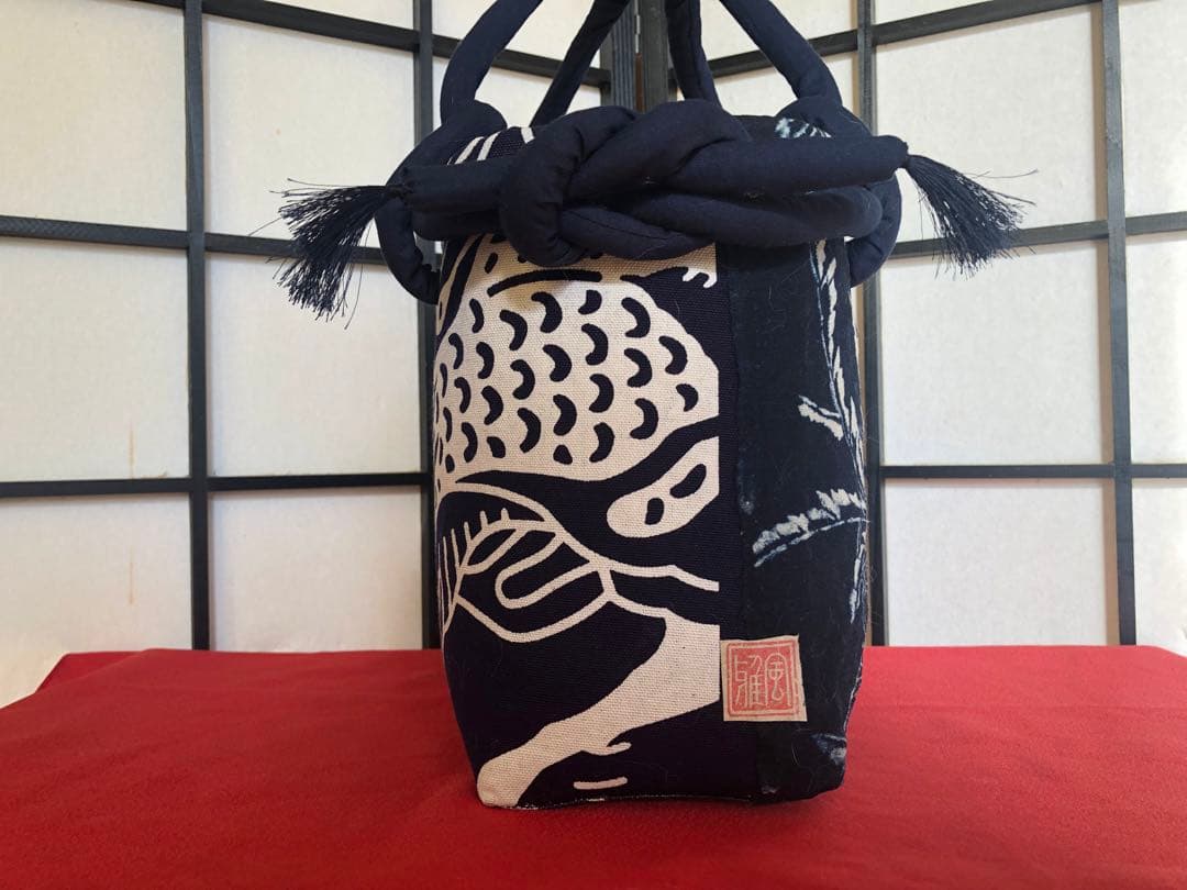 一閑張り　一閑張りバック　藍染 　麒麟麦酒　型染隠れ蓑