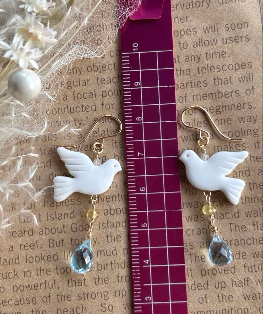 作家様の平和の鳩　ブルートパーズ＆ヘリオドールのピアス他　14kgf