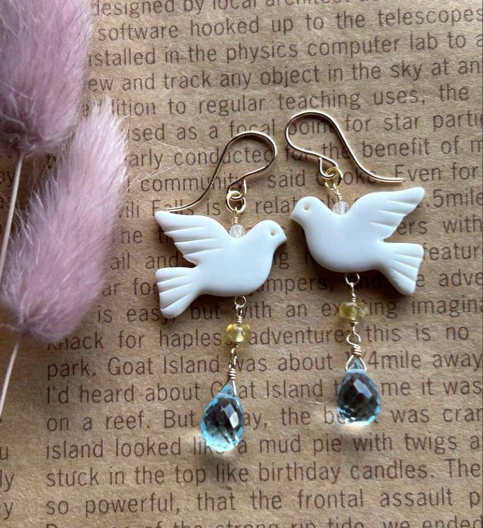 作家様の平和の鳩　ブルートパーズ＆ヘリオドールのピアス他　14kgf