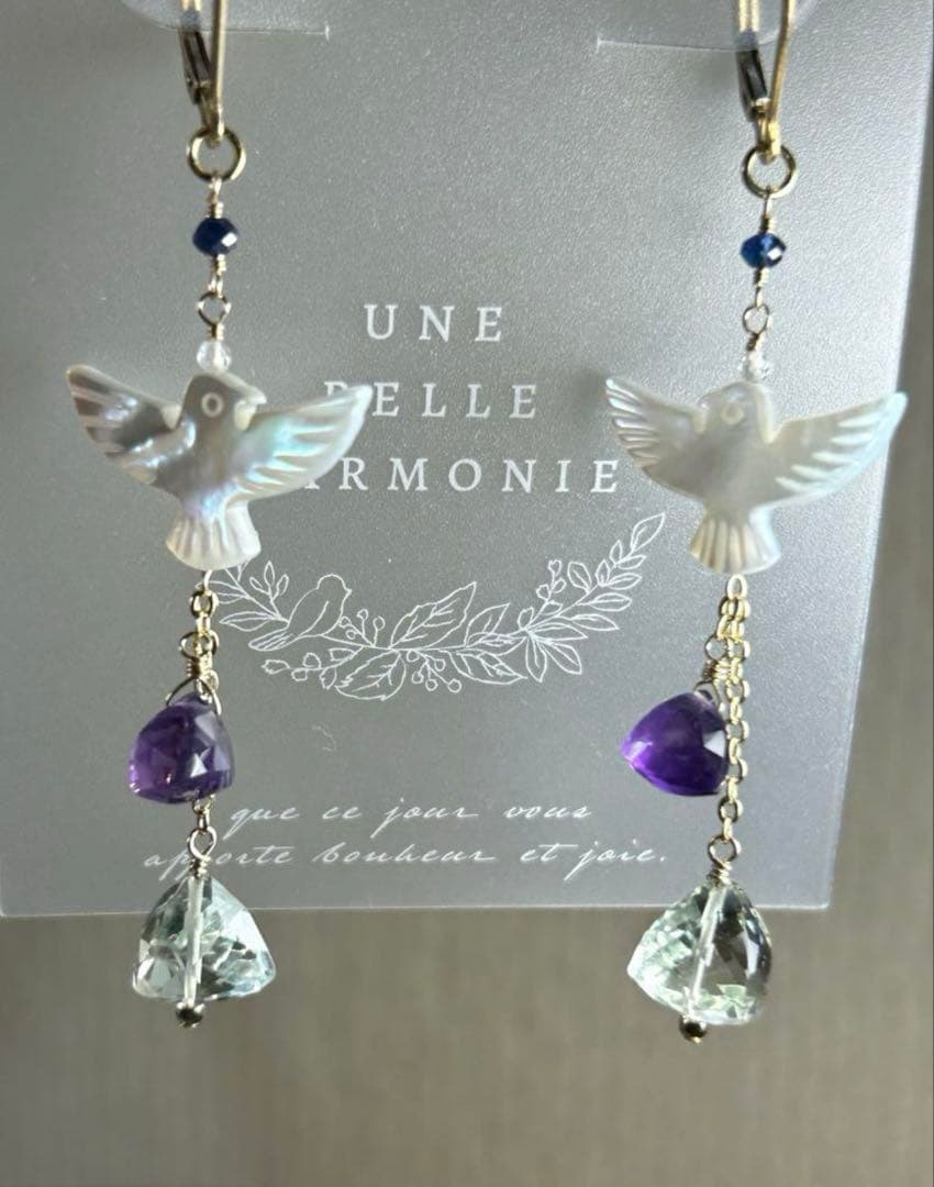 作家様の平和の鳩　ブルートパーズ＆ヘリオドールのピアス他　14kgf