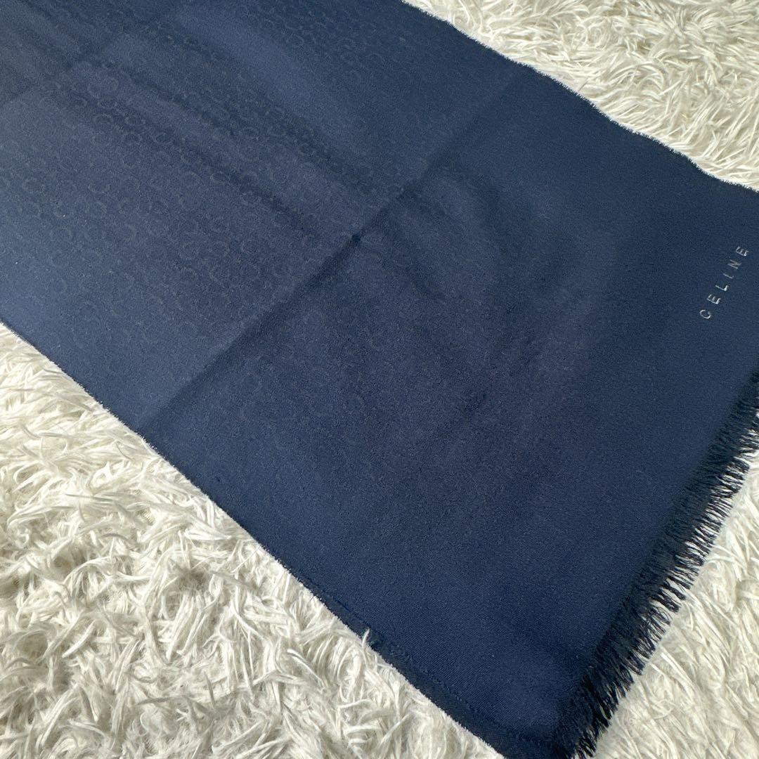 希少 CELINE ネイビー マフラー ストール フリンジ付き Cマカダム柄