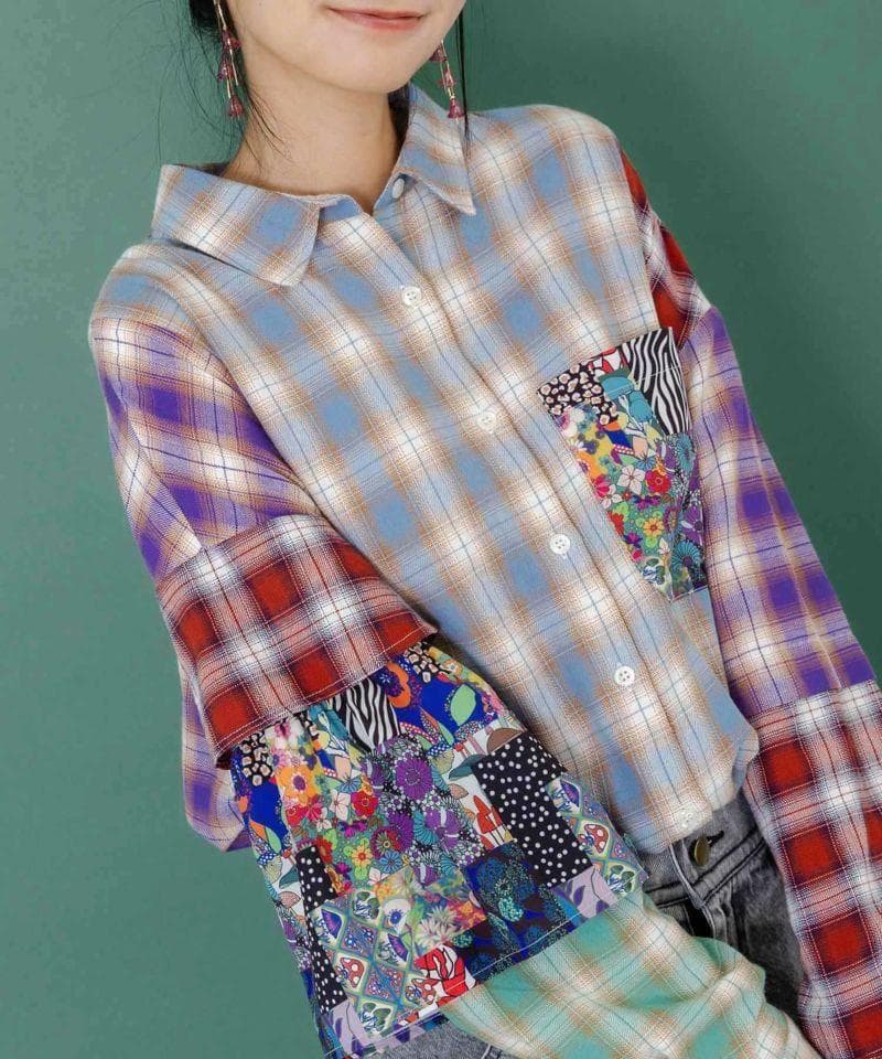 ScoLar 153687：チェックと総柄のアシメパッチワークシャツ