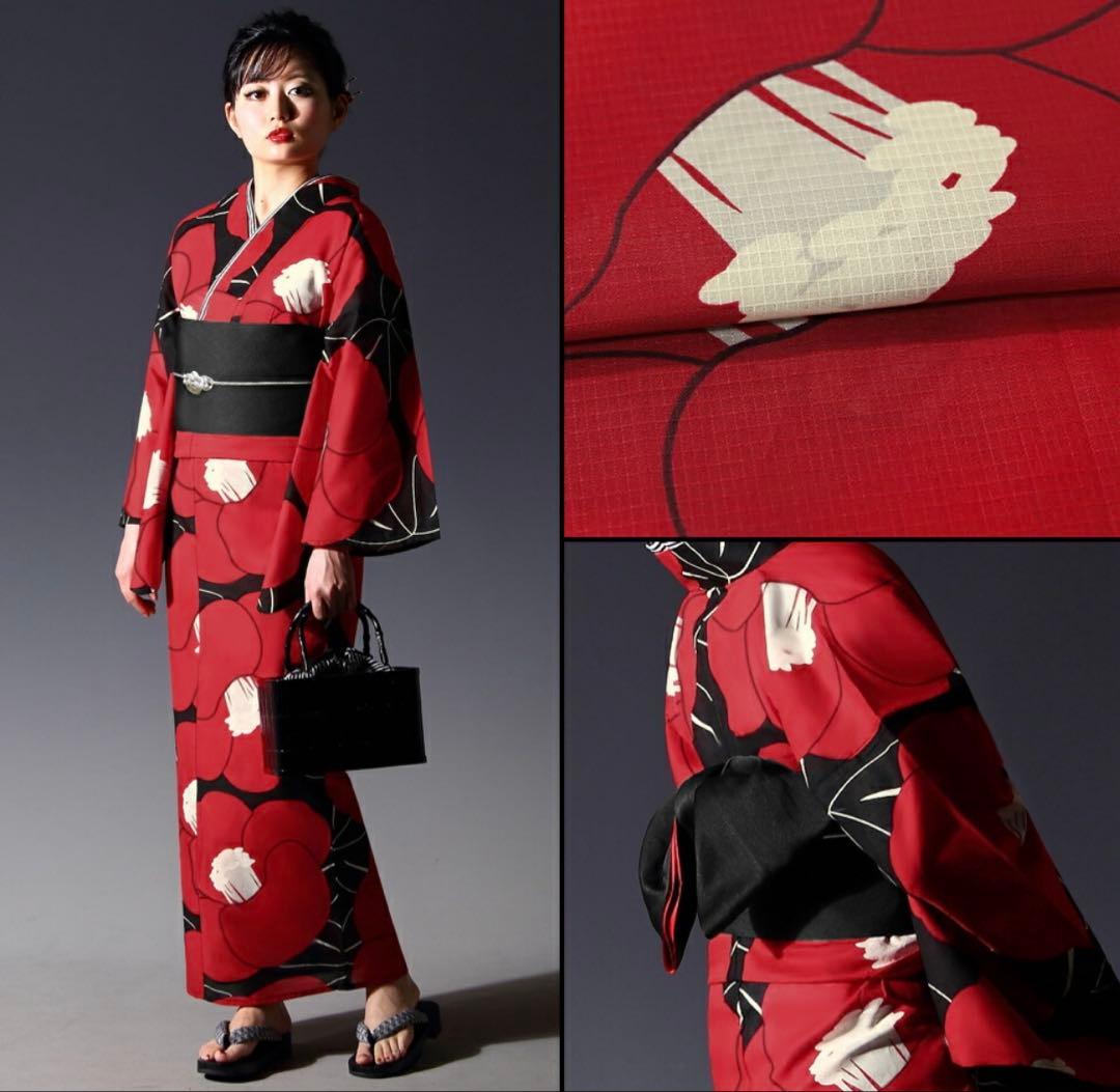 浴衣 2点セットモダン レディース フリーサイズ セット 古典 椿 赤 黒