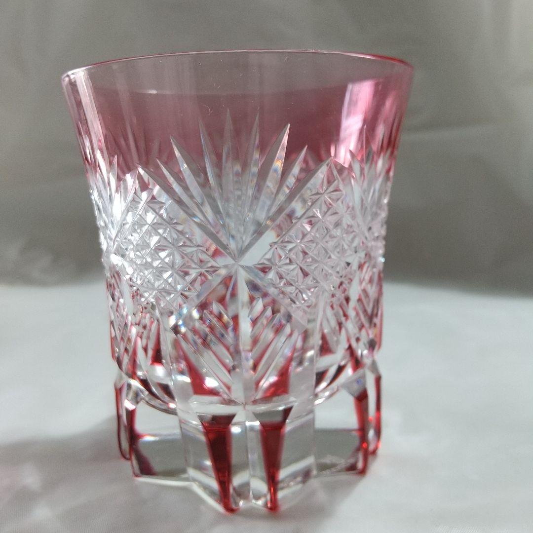 カガミクリスタル 赤被せ切子 麻の葉に笹の葉紋