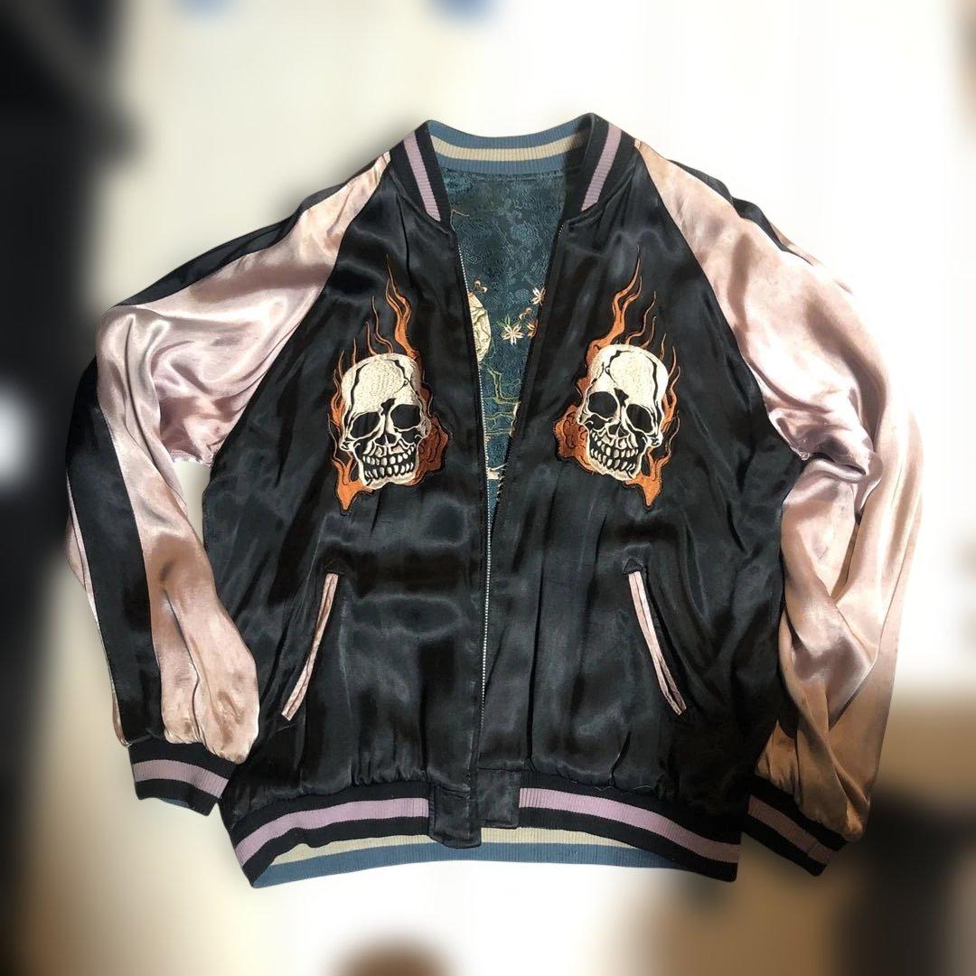 ✨希少✨花旅楽団 スカジャン リバーシブル 刺繍 和柄 桜 スカル 黒 青系