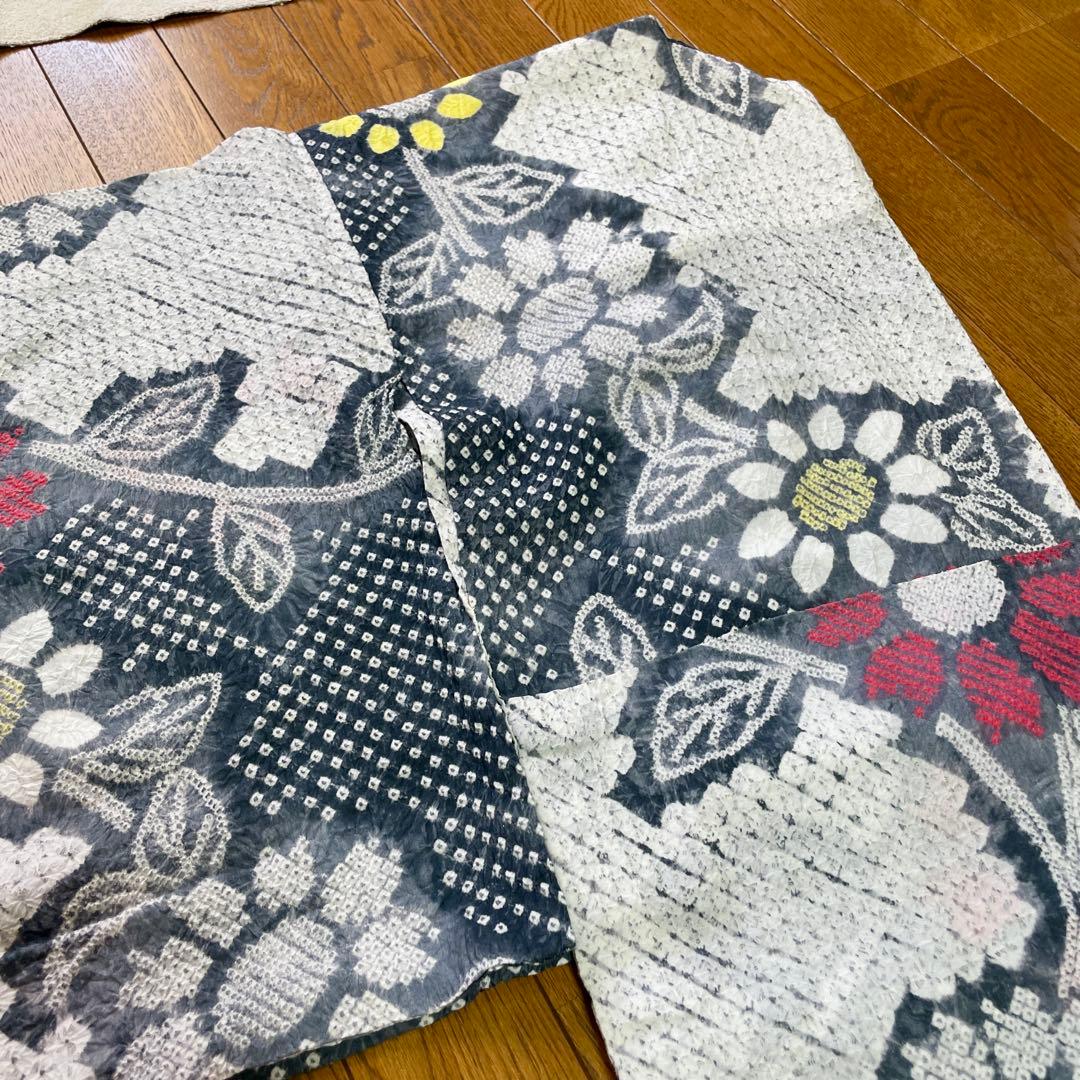 手縫い　大人浴衣　総絞り　有松絞り　レトロ　夏着物　淡い色　グレー　向日葵