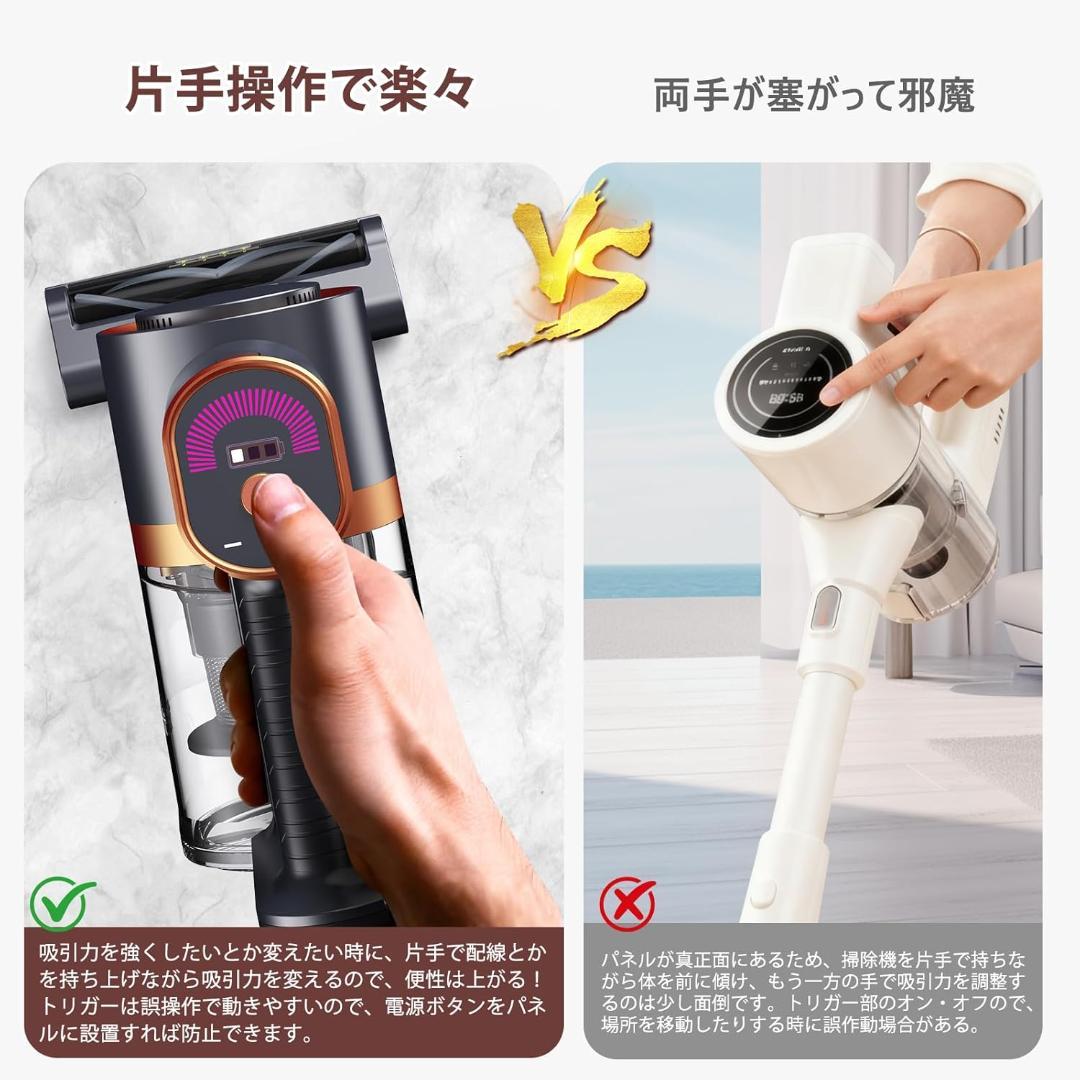 掃除機 コードレス 90Kpa 強力吸引 グリーンLED 自立式 サイクロン