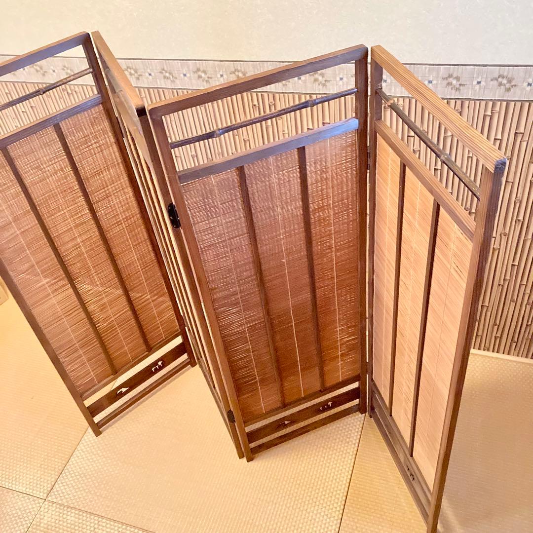 レトロ 和風 和室 屏風 4連パーテーション 骨董 透かし彫り 富士