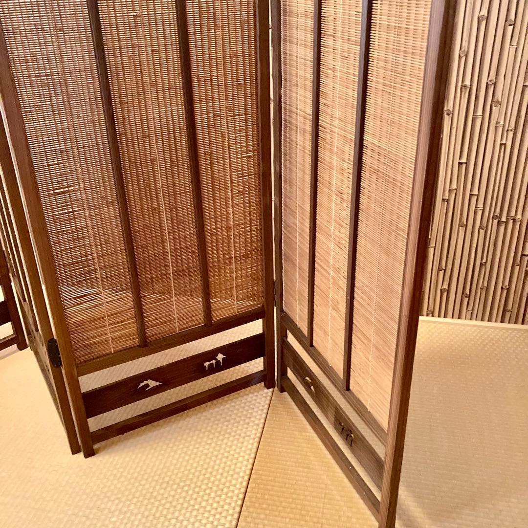 レトロ 和風 和室 屏風 4連パーテーション 骨董 透かし彫り 富士