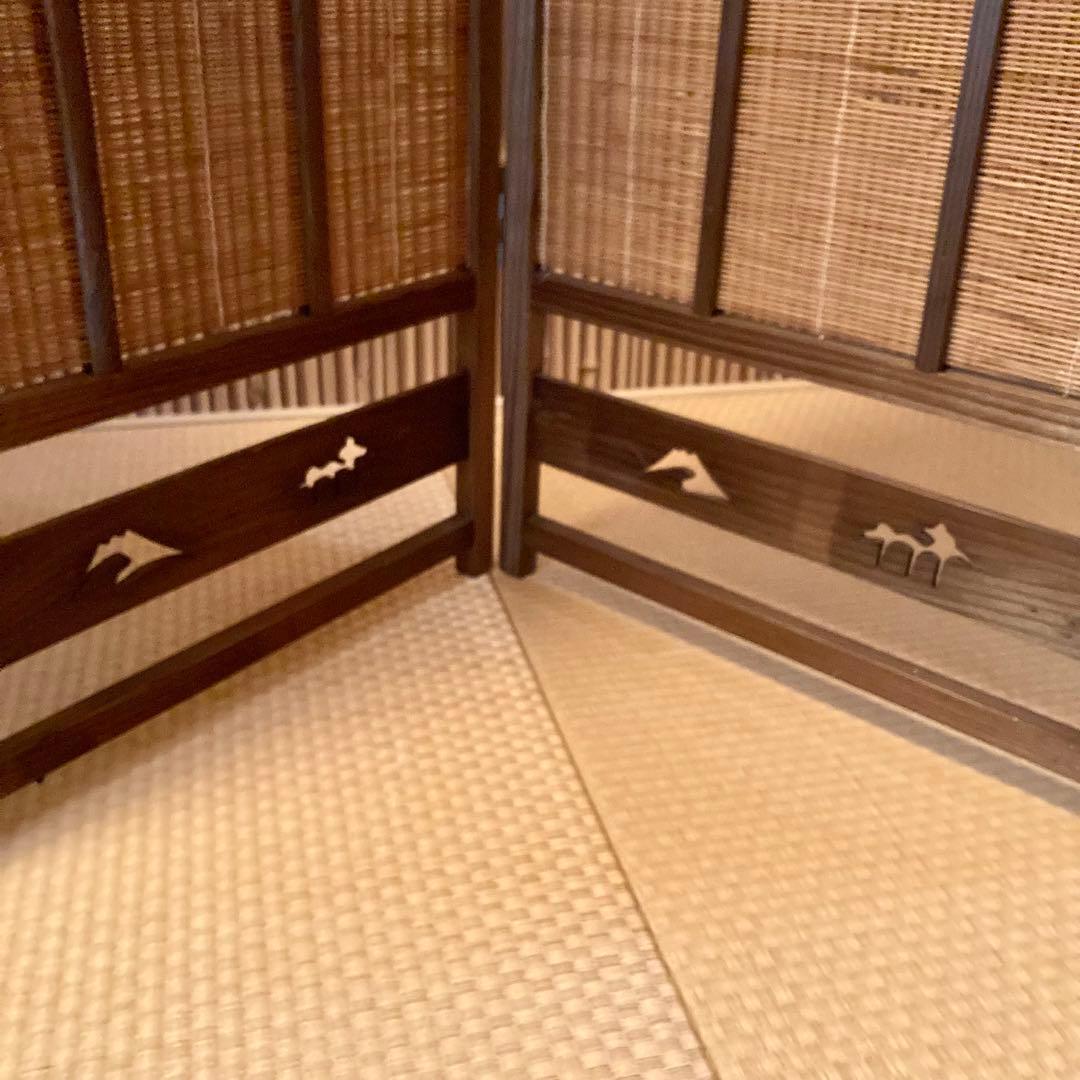 レトロ 和風 和室 屏風 4連パーテーション 骨董 透かし彫り 富士