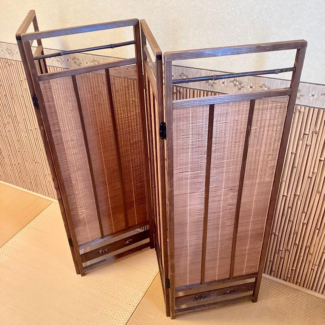 レトロ 和風 和室 屏風 4連パーテーション 骨董 透かし彫り 富士
