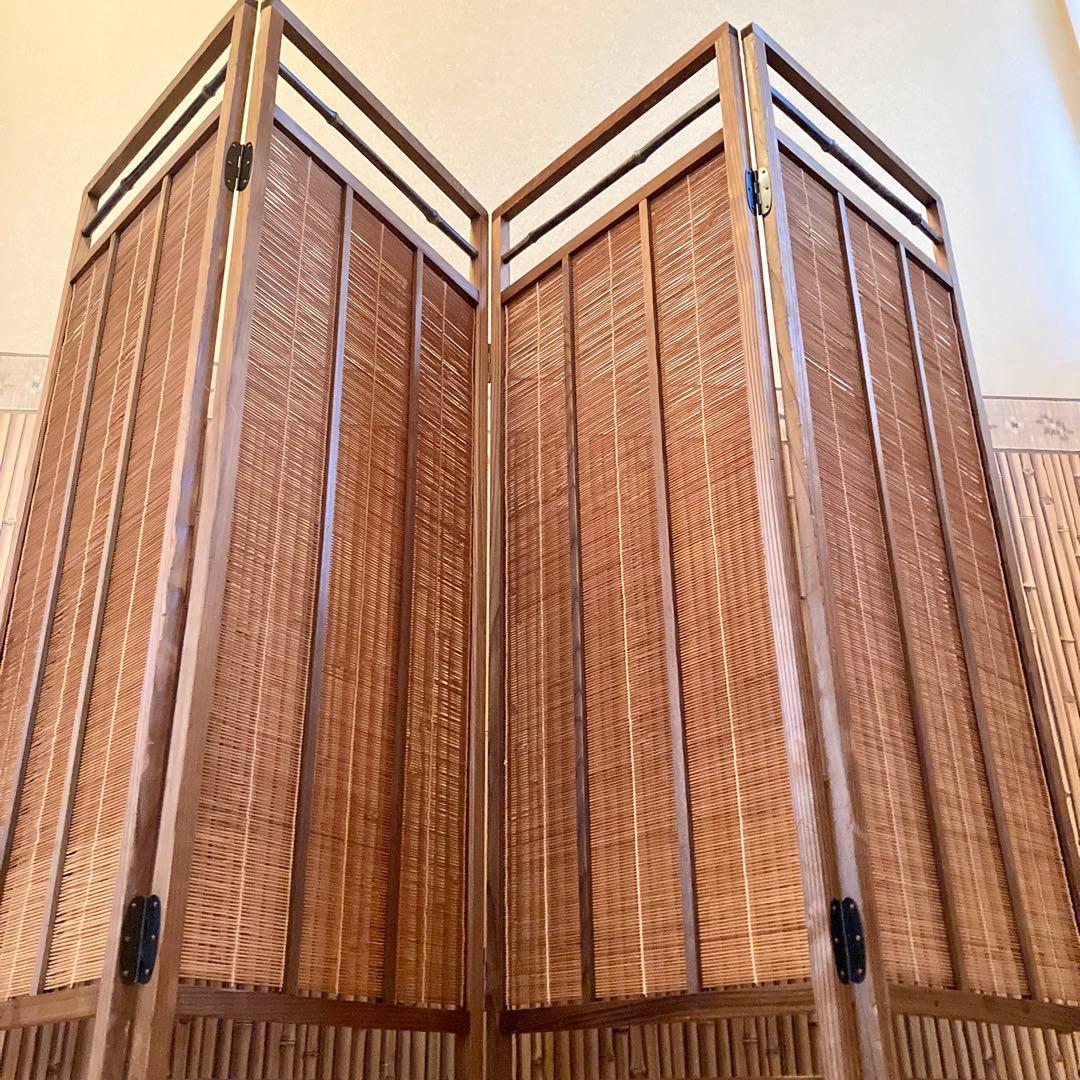 レトロ 和風 和室 屏風 4連パーテーション 骨董 透かし彫り 富士