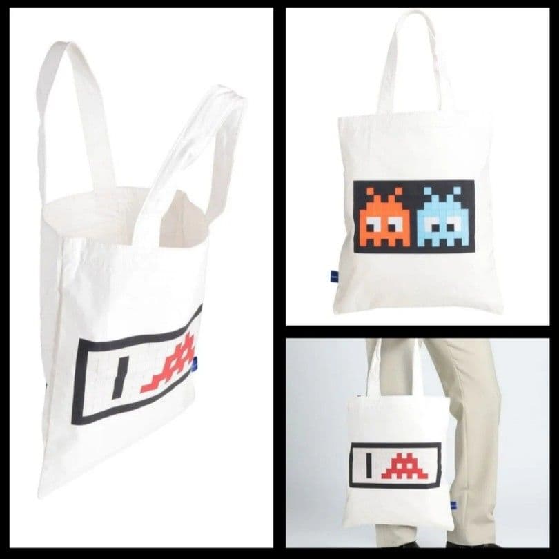 ♂♀新品・コラボ・トートバッグ【ギャルソンシャツ×Invader】プリント　白