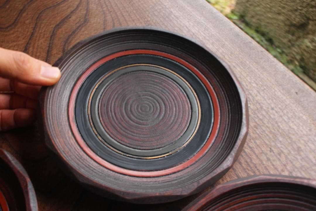 村瀬治兵衛作！極上刳り貫き地に風情ある独楽塗の美しいお皿5点（検京塗銘々皿菓子皿