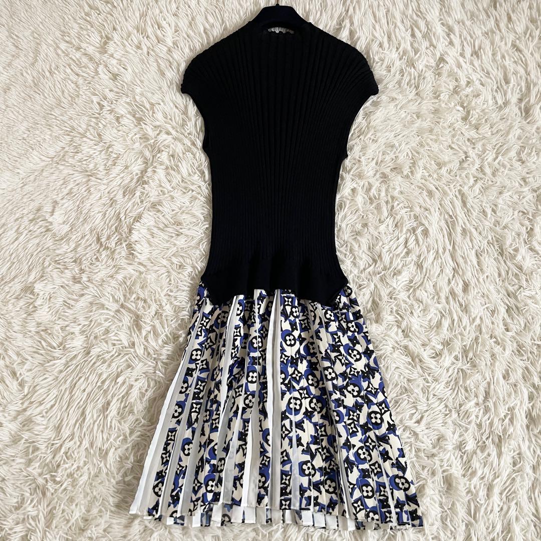 極美品　ルイヴィトン　ニットワンピース　モノグラム　ウール　プリーツ　切替　黒