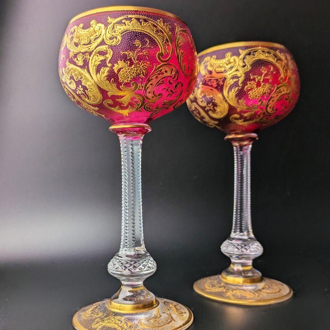 ゴージャスペア★ルビーレッド 17㎝ 金彩 多面カットステム グラス フランス