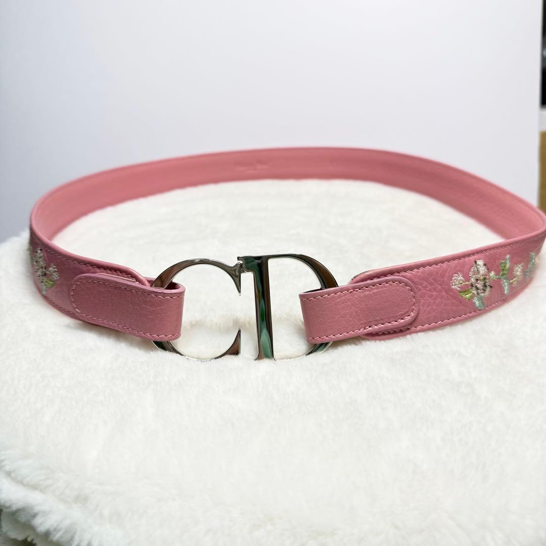 希少 美品 Christian Dior ピンク 刺繍 ベルト CD金具