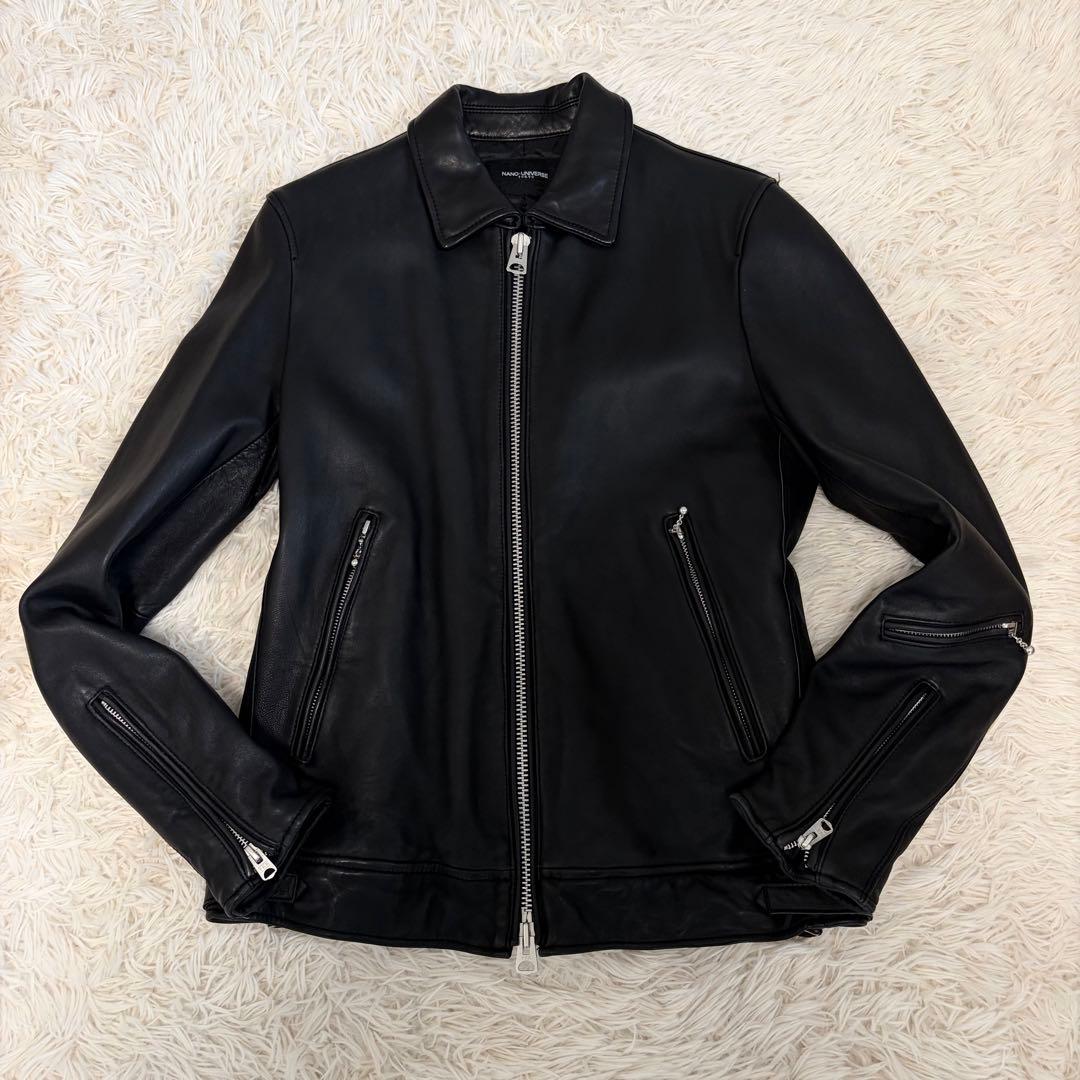 【美品】ナノユニバース レザージャケット ラムレザー キルティング L ブラック