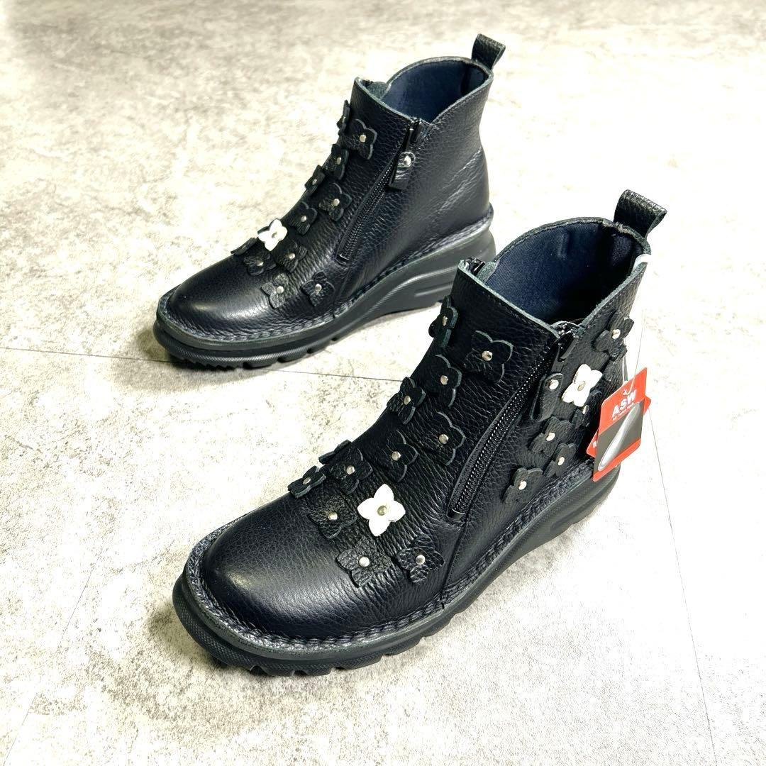 新品【JSハートレーベル 】レザーショートブーツ/花/ジップ/厚底/コンフォート