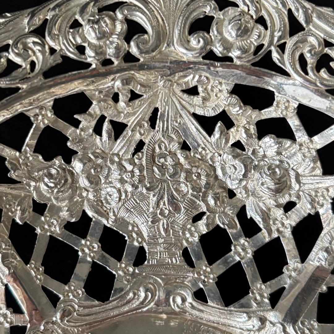 ドイツ製　アンティークシルバー　バスケット　ピアス細工　ロココ　リボン　天使