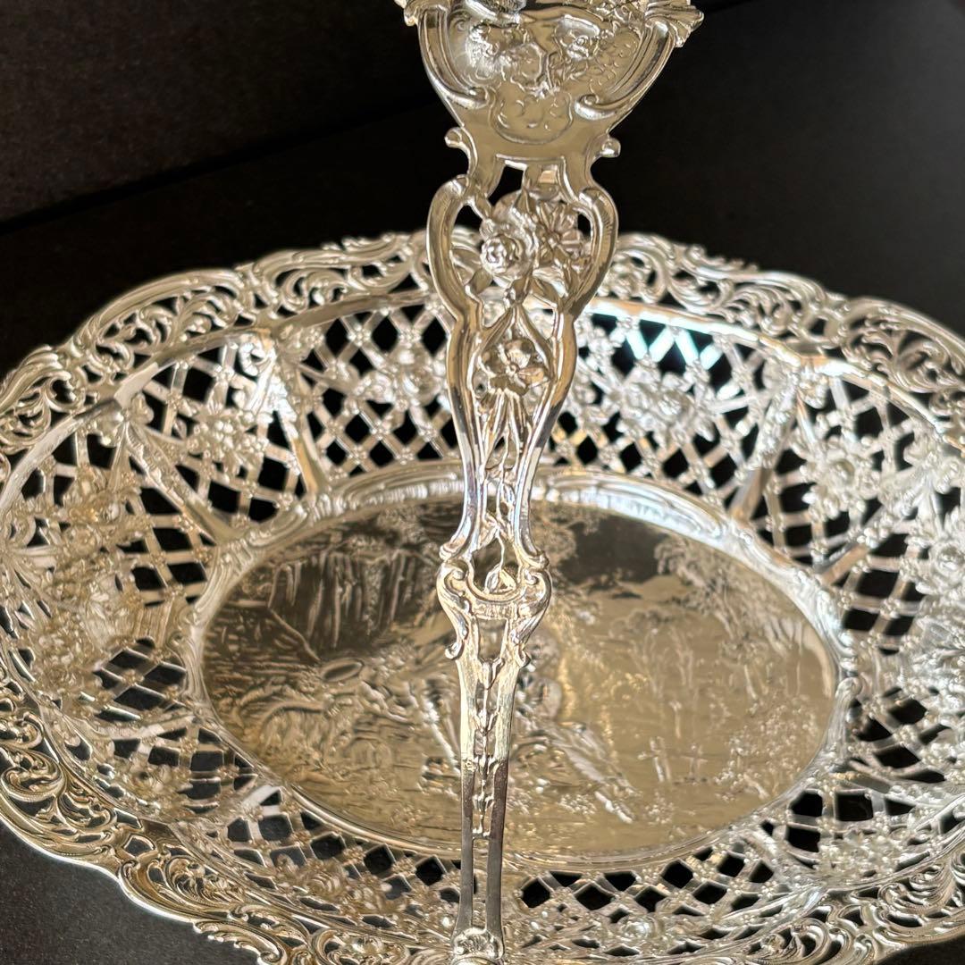 ドイツ製　アンティークシルバー　バスケット　ピアス細工　ロココ　リボン　天使