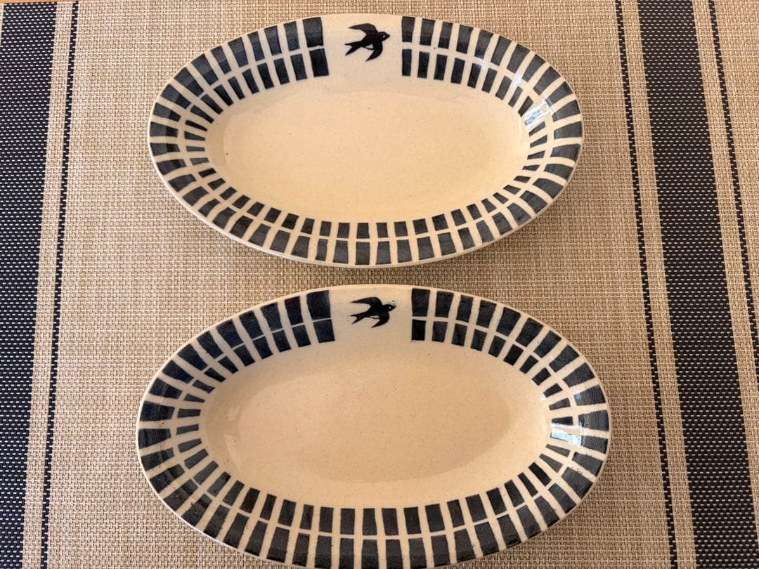 【週末お値下げ】東峯未央さん（益子焼作家）「トリ柄丸皿・楕円皿」計３枚セット