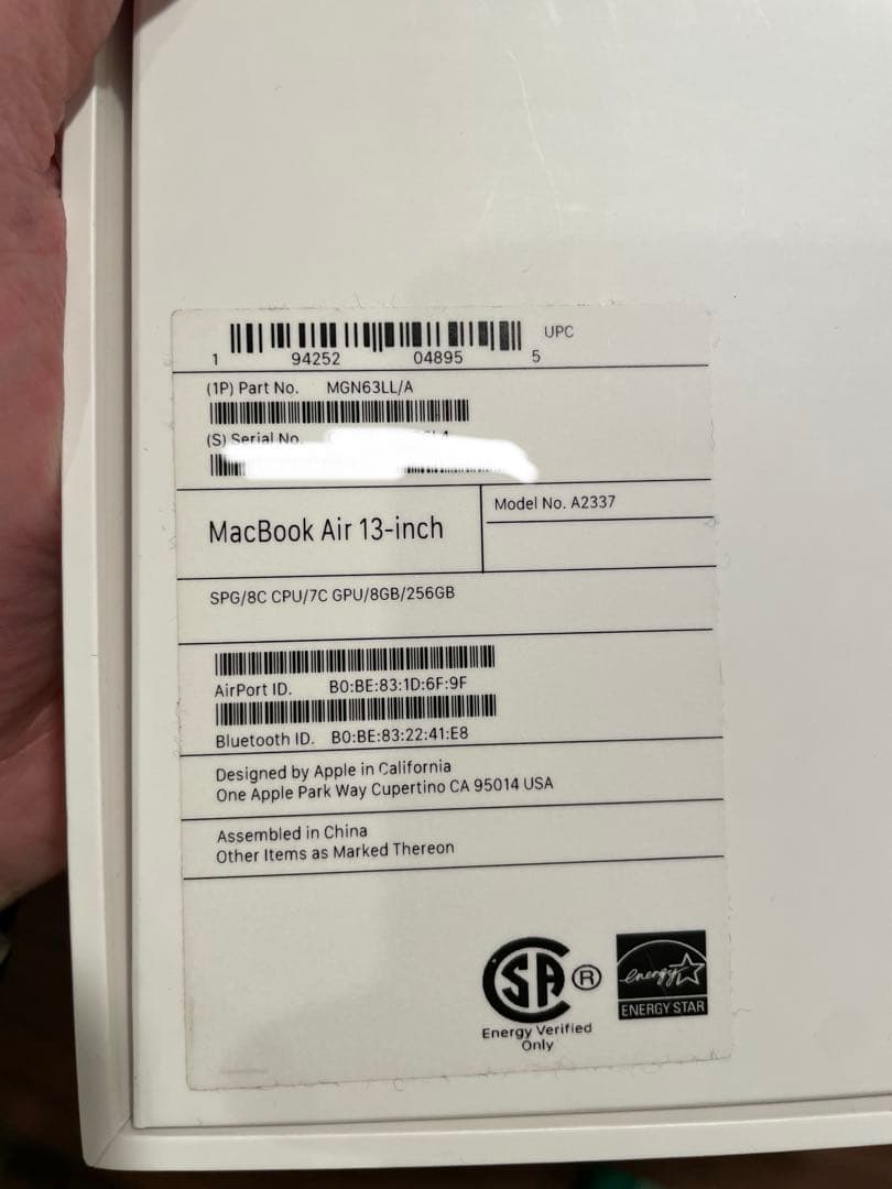 【超美品】MacBook Air 2020 M1 US配列 8GB/256GB