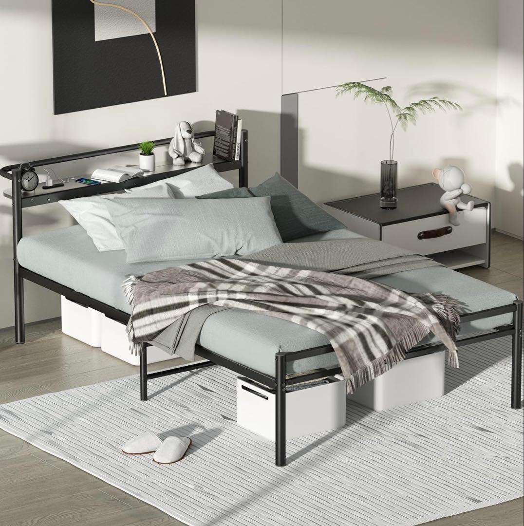 セミダブルベッドフレーム　黒　ブラック　コンセント付き【高さ加工】