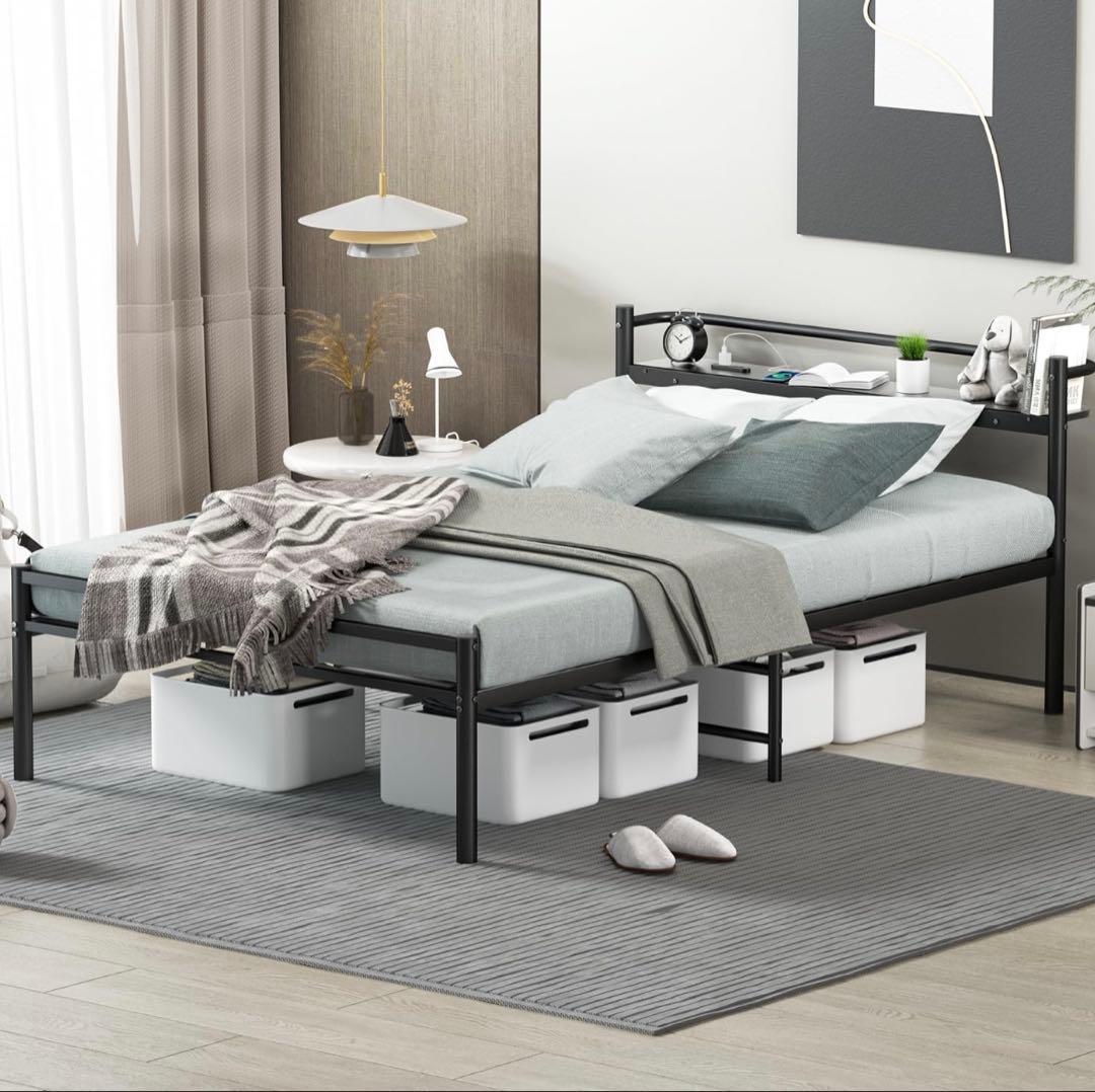 セミダブルベッドフレーム　黒　ブラック　コンセント付き【高さ加工】