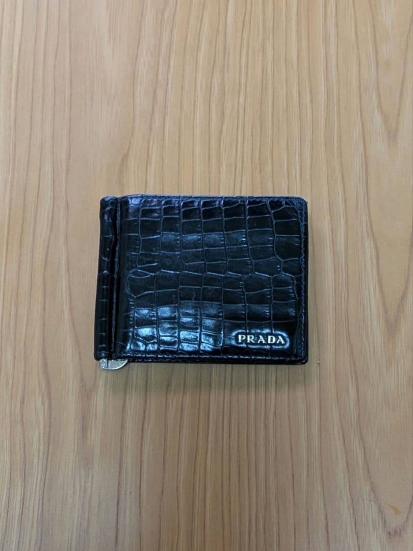 【希少】PRADA マネークリップ付 クロコダイル調 型押し 財布 黒